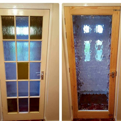 Bespoke timber internal glazed door handcrafted in North Devon, replacing an older multi-pane interior door with custom obscure glass.